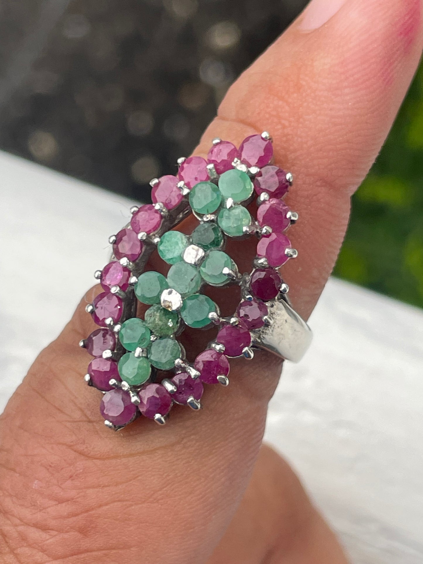 925 Sterling Silver Natural Ruby & Emerald Cluster Ring