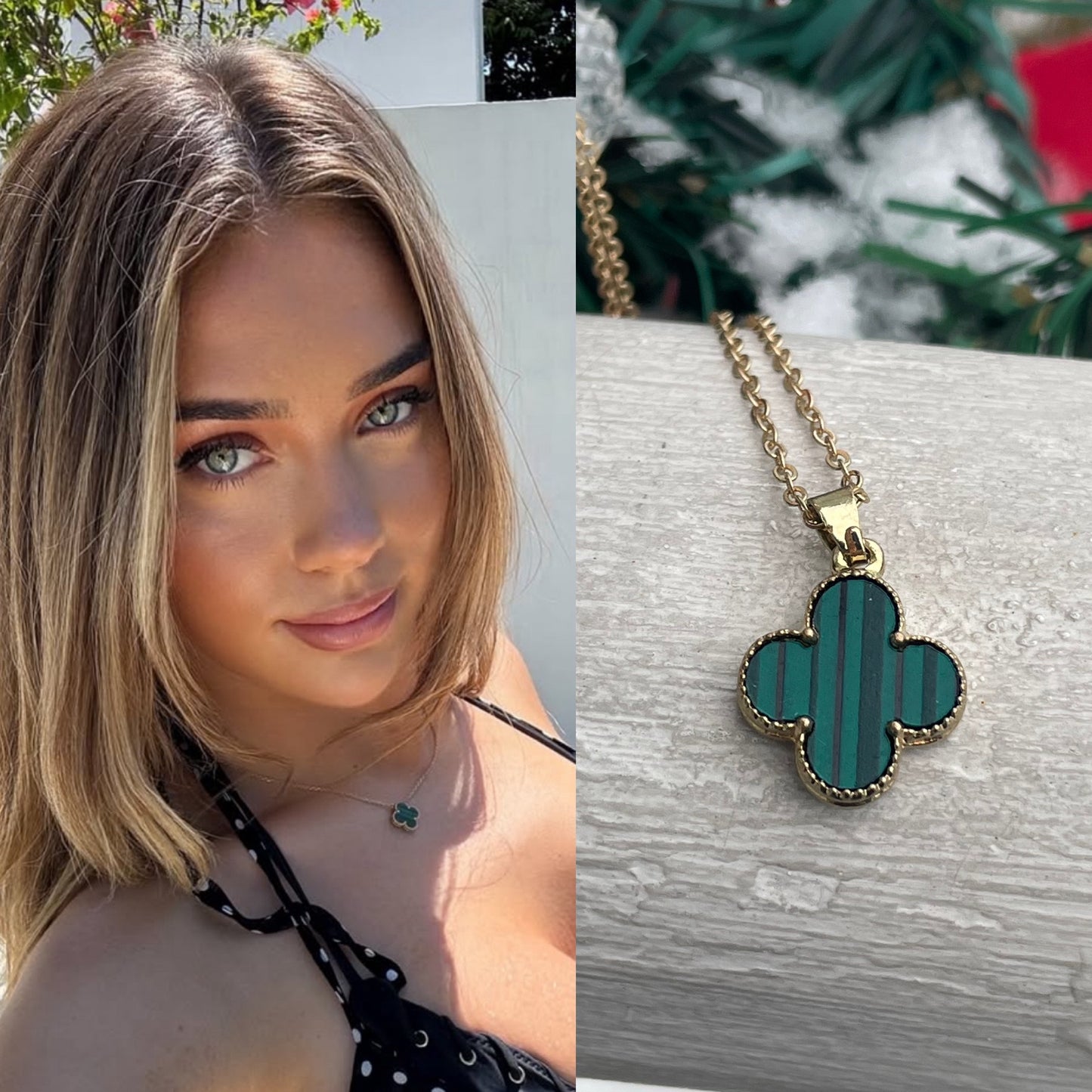 Stainless Steel Gold Plated Malachite Van Vleef Style Clover Necklace