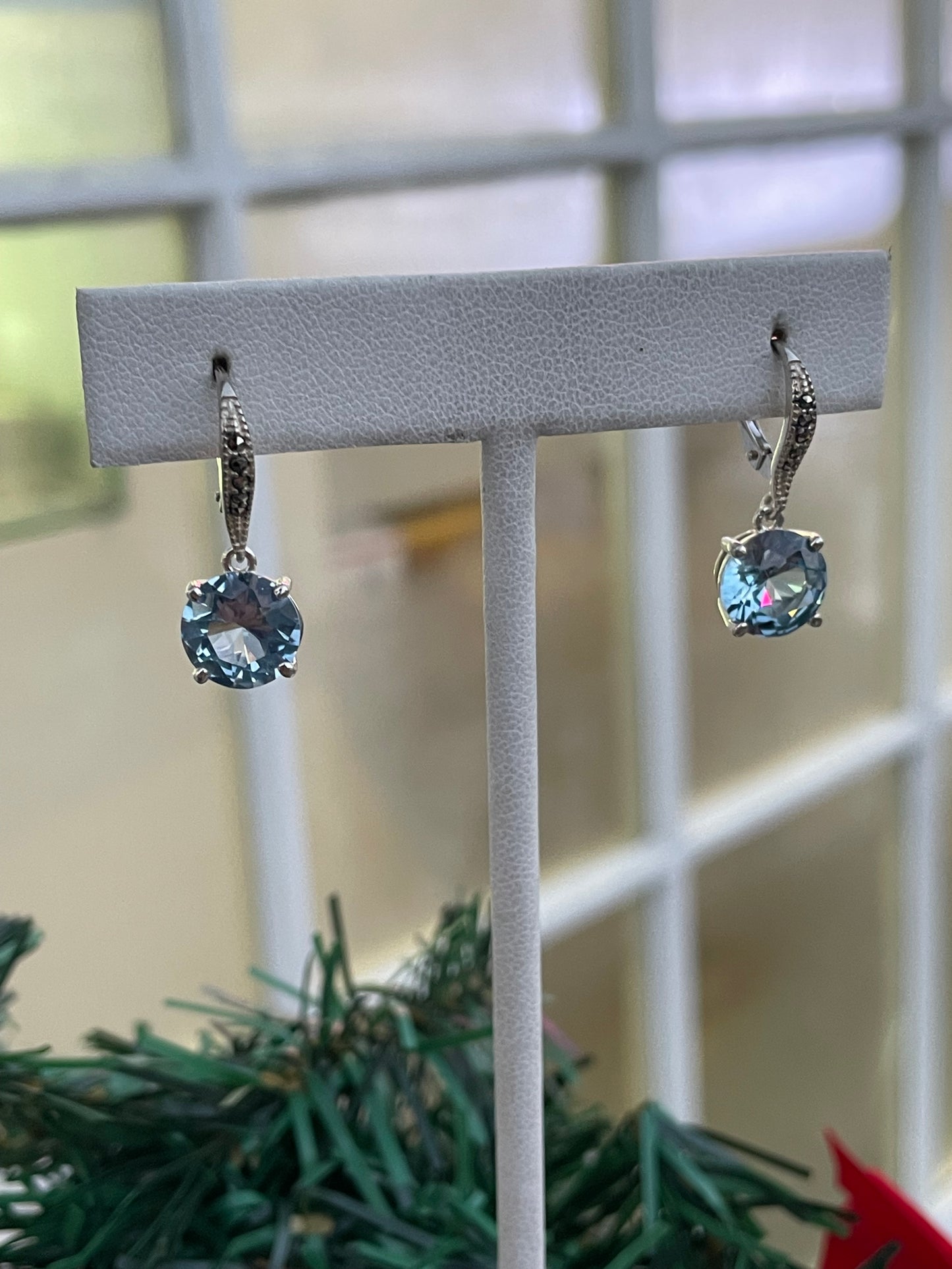 925 Sterling Silver Blue Topaz & Marcasite Dangle Earrings