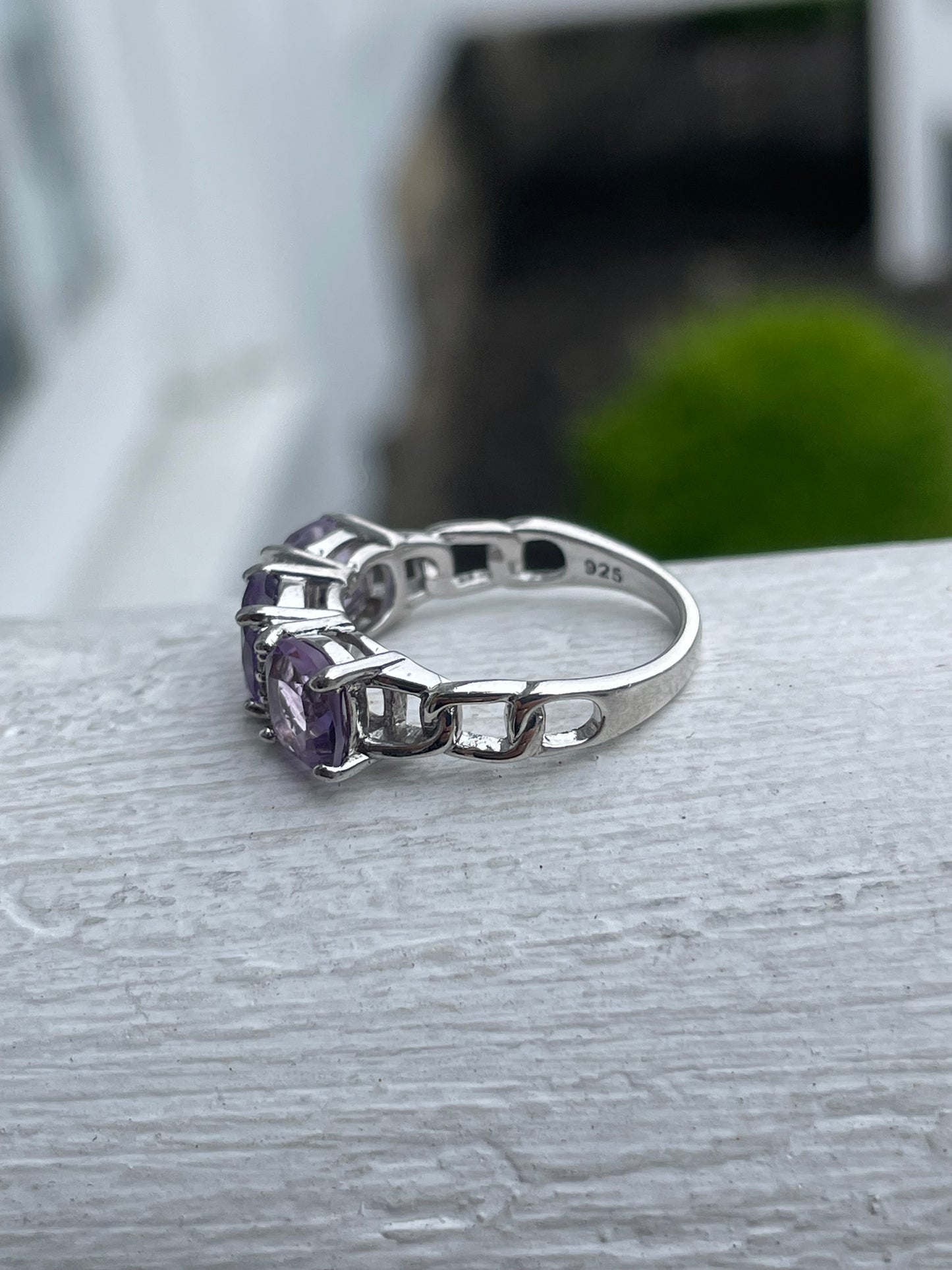 925 Sterling Silver Past Present Future Amethyst & Cz Band Ring Size 6