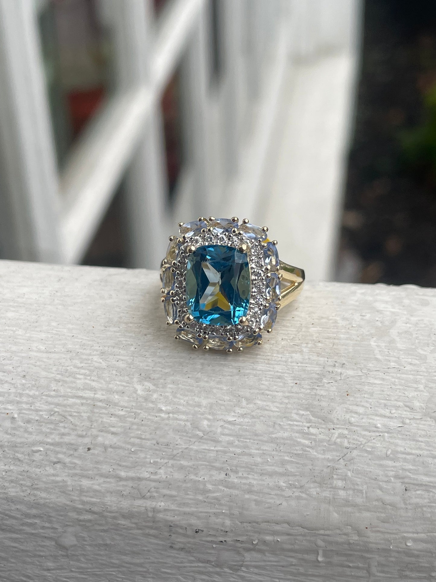 925 Sterling Silver Vermeil Natural Swiss Blue Topaz + Diamond & Tanzanite Cluster Ring Size 8
