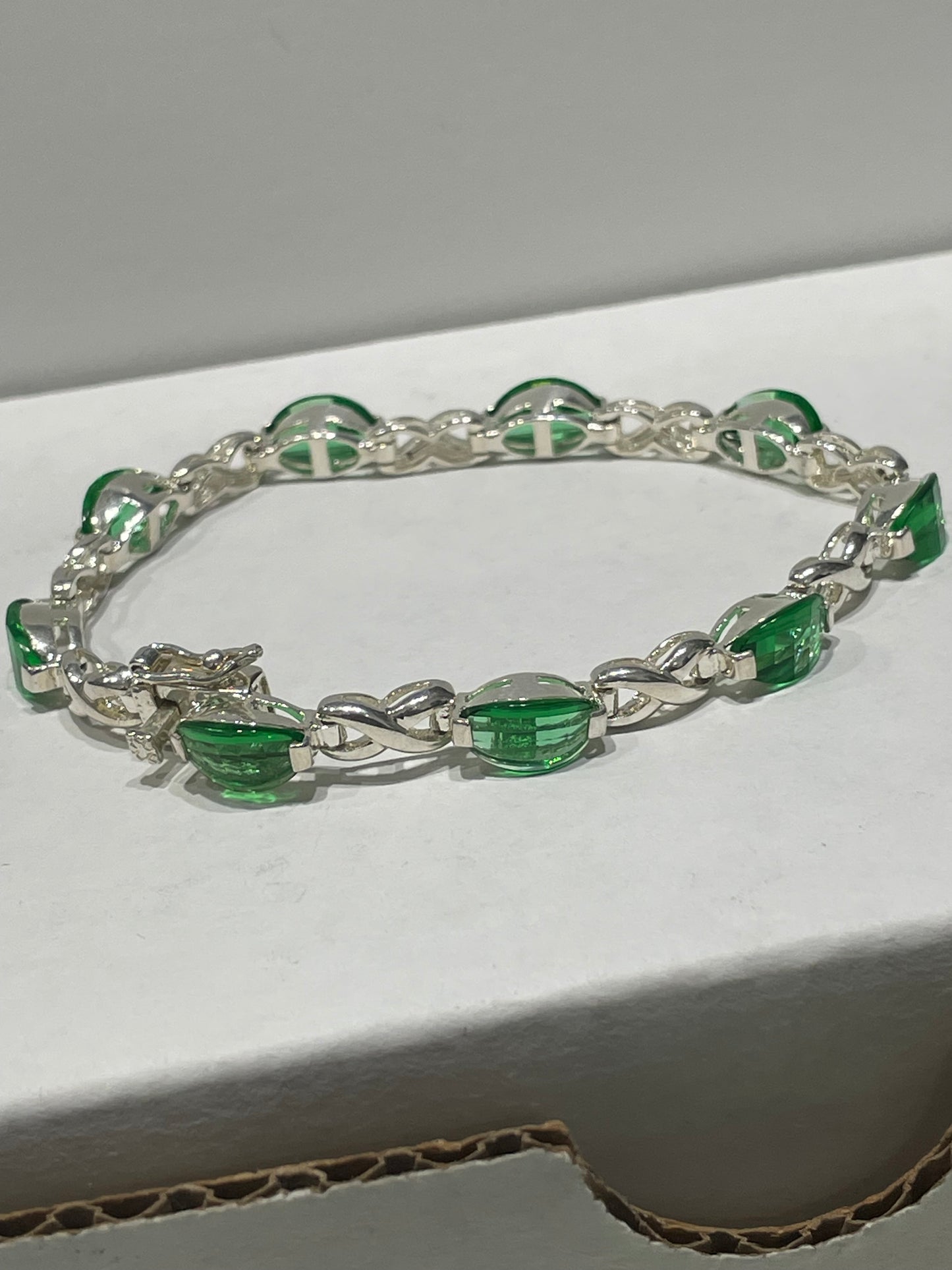 925 Sterling Silver Simulated Emerald Tennis Bracelet