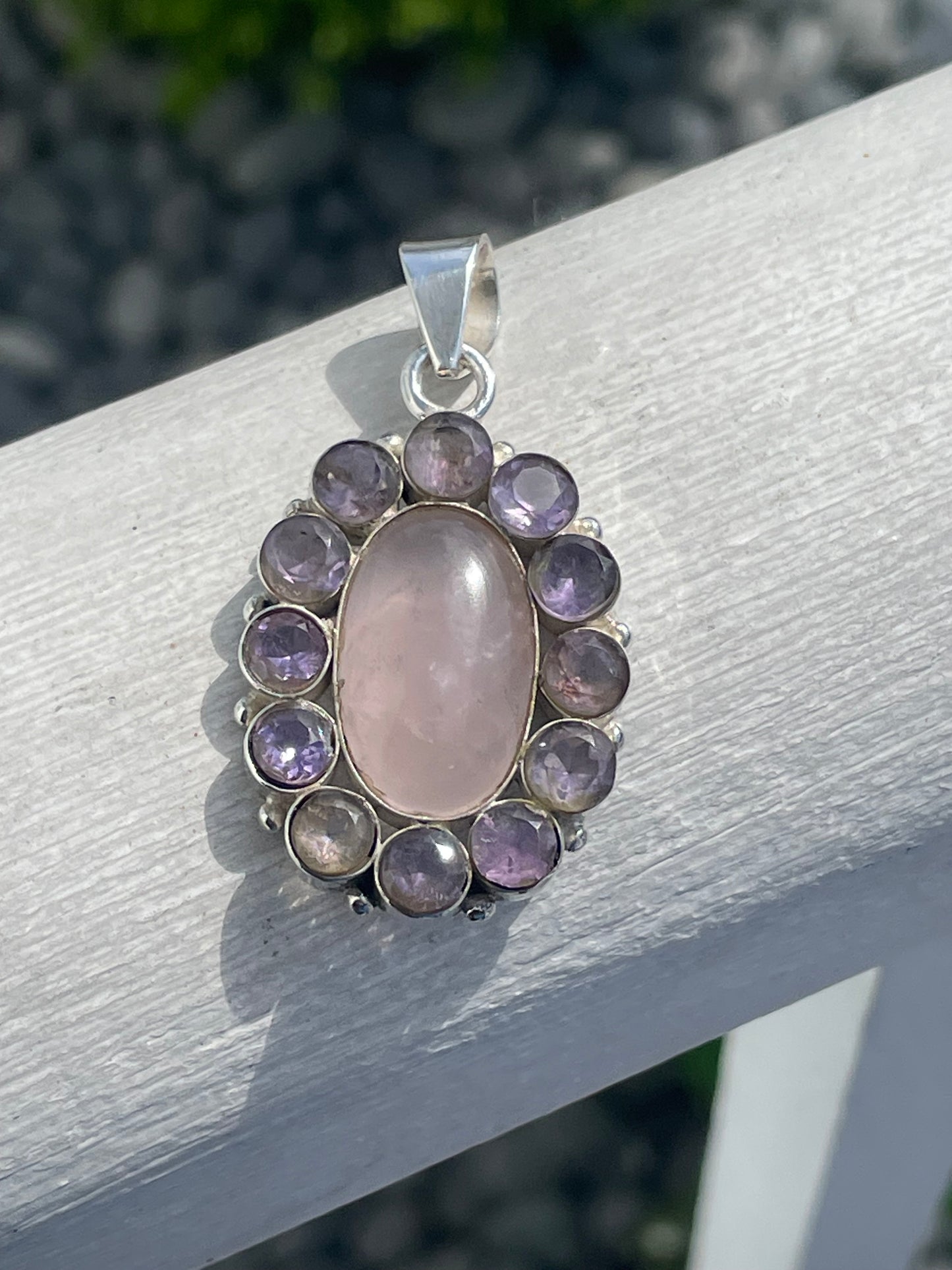 925 Sterling Silver Rose Quartz & Amethyst Natural Stone Pendant
