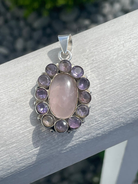925 Sterling Silver Rose Quartz & Amethyst Natural Stone Pendant