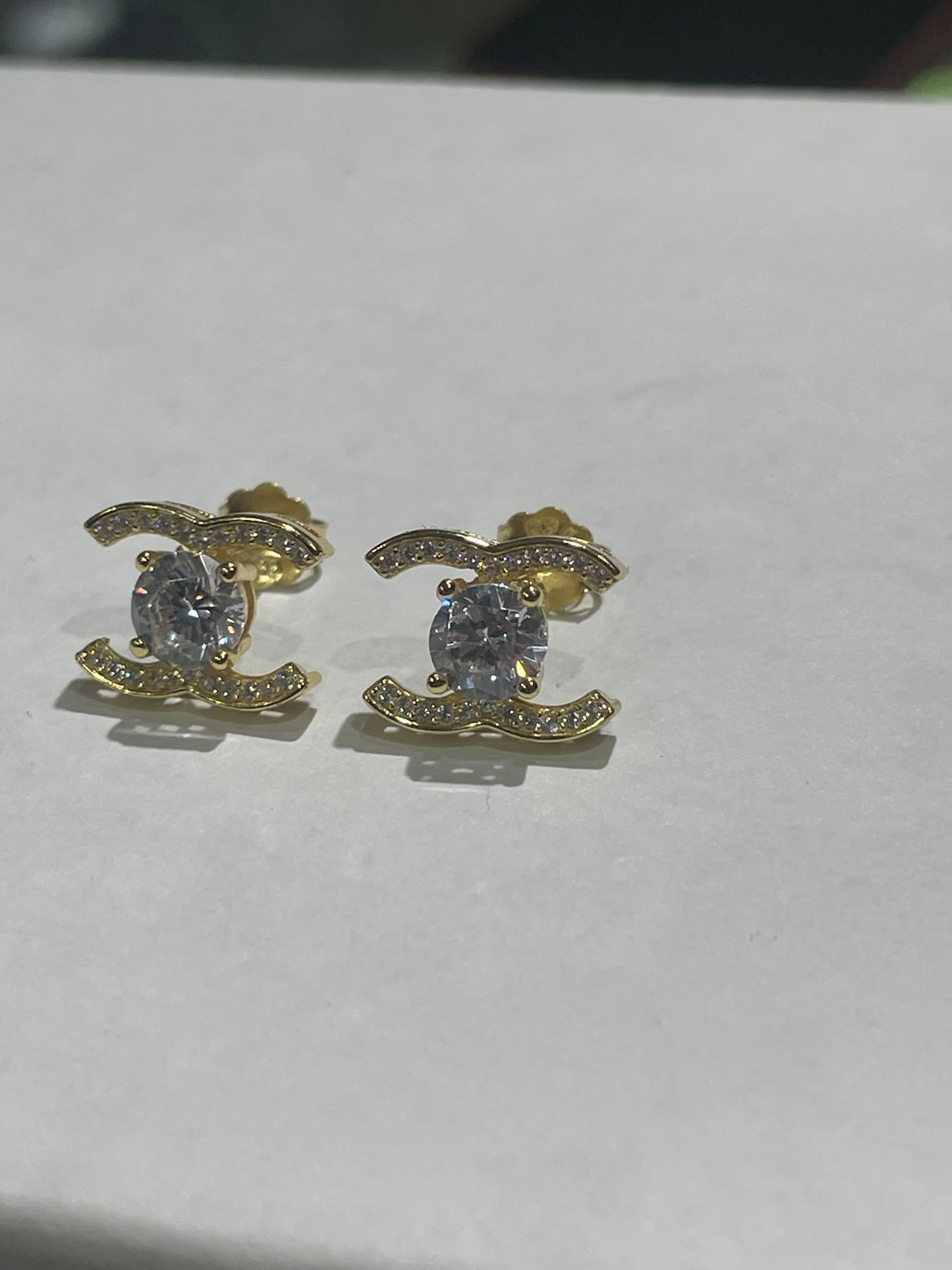 925 Sterling Silver Sparkling Petite Chanel Logo CC Stud Earrings