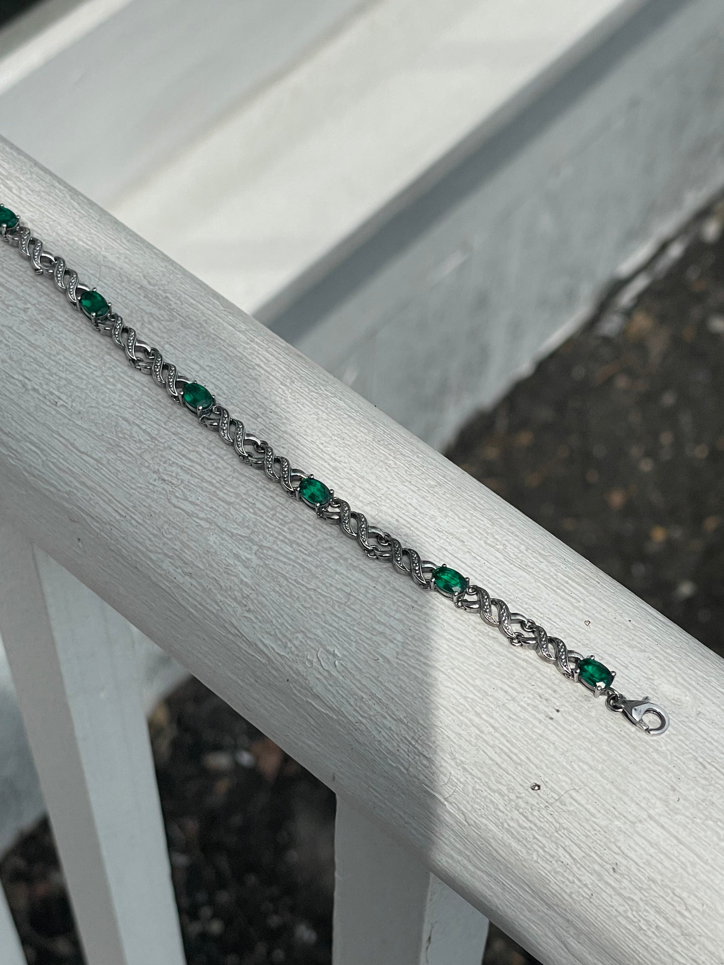 925 Sterling Silver Simulated Emerald Stone Tennis Bracelet 6.75”