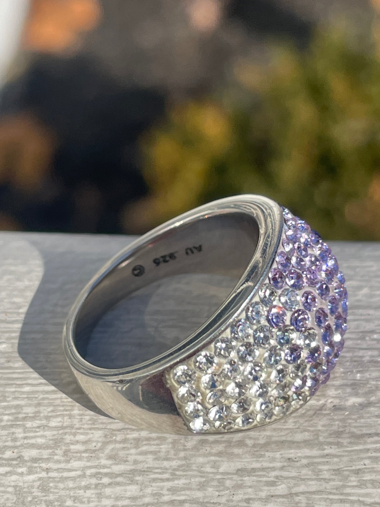 Designer AU 925 Sterling Silver Ombré Purple Crystal Dome Ring Size 8