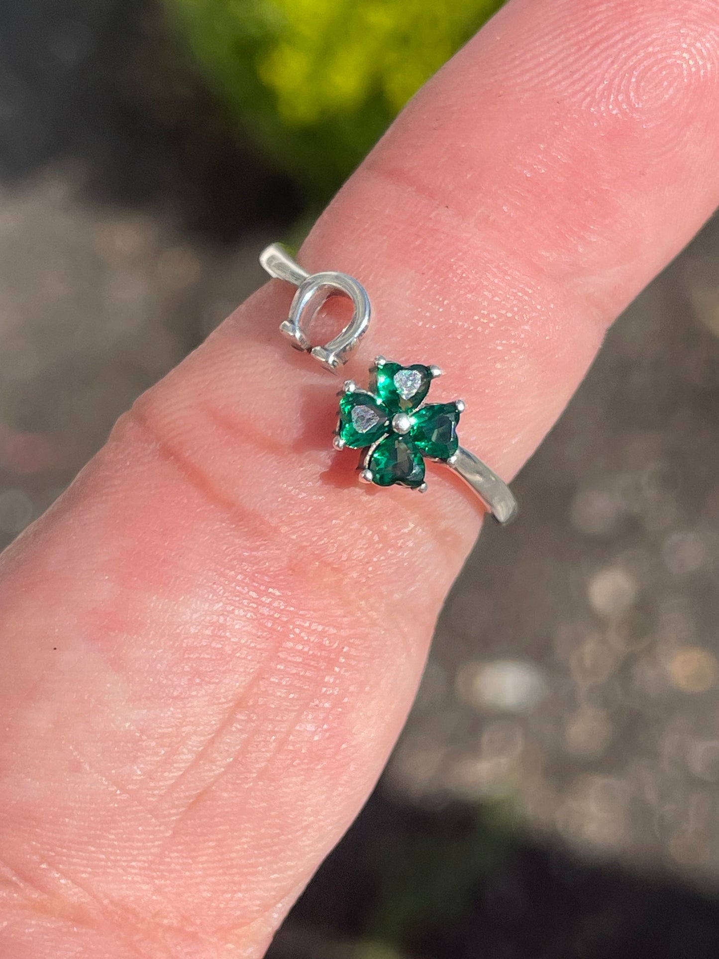 925 Sterling Silver Lucky Clover & Horseshoe Ring ~ Open Size