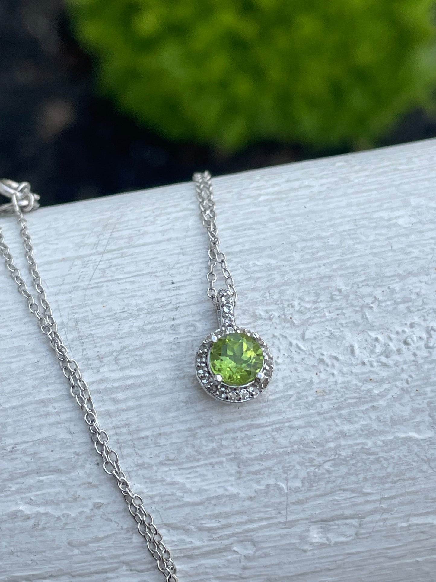 925 Sterling Silver Peridot & White Topaz Petite Solitaire Necklace 18”