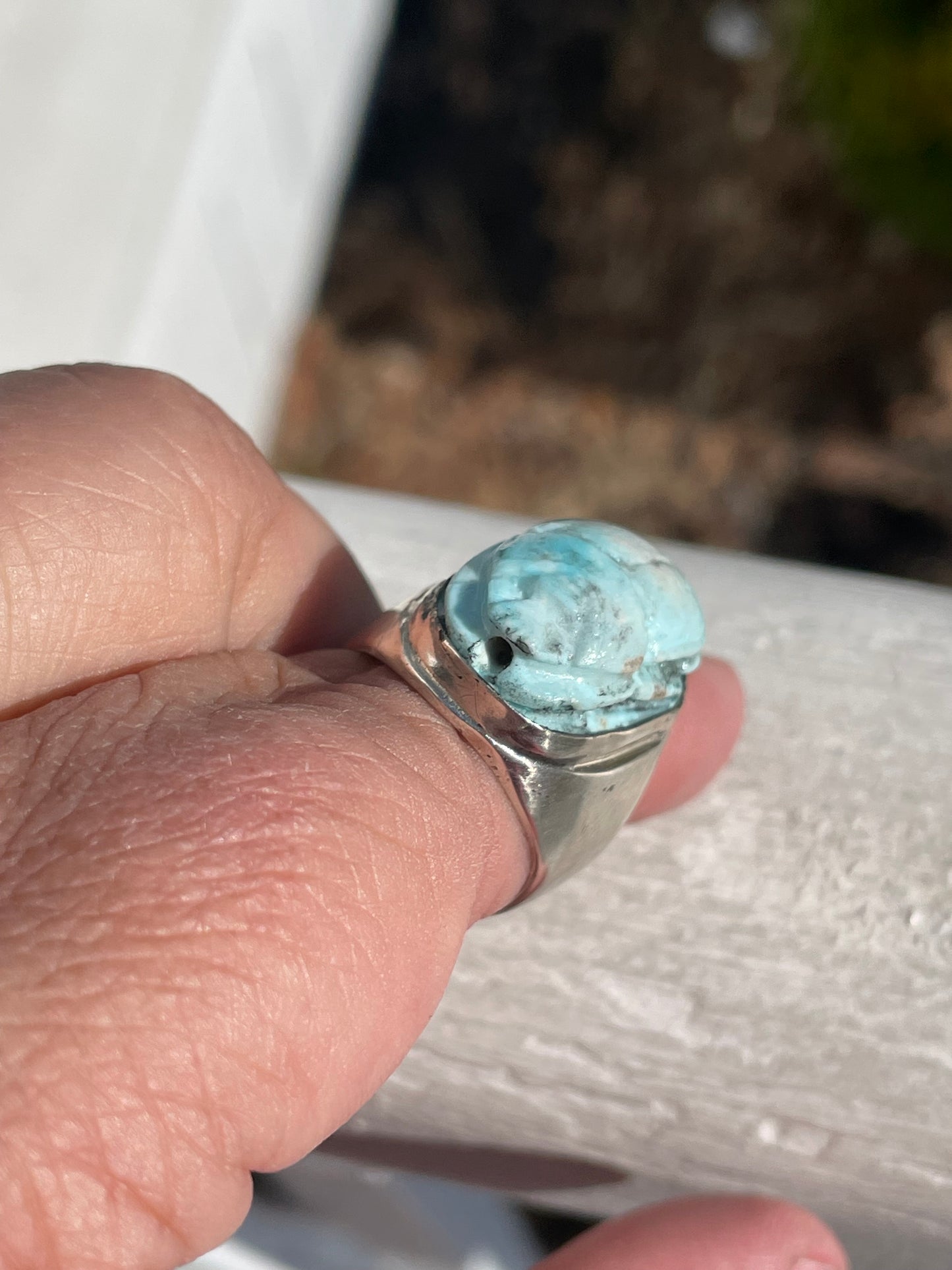 925 Sterling Silver Handmade Larimar Scarab Ring Size 7.5