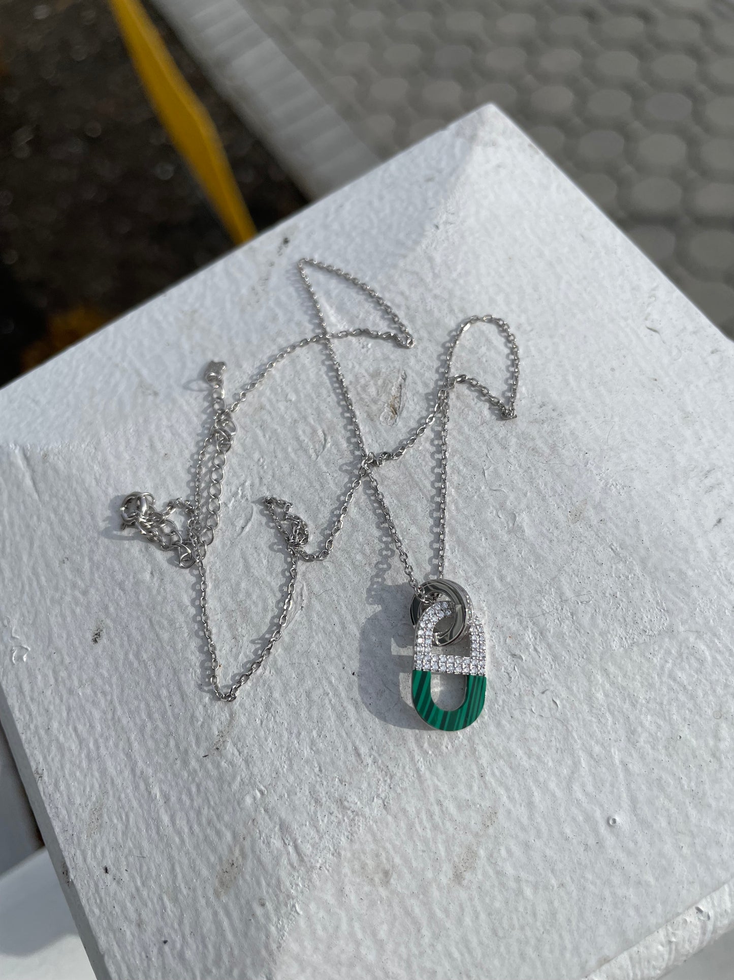 925 Sterling Silver Malachite & Cz Gucci Link Drop Pendant Necklace