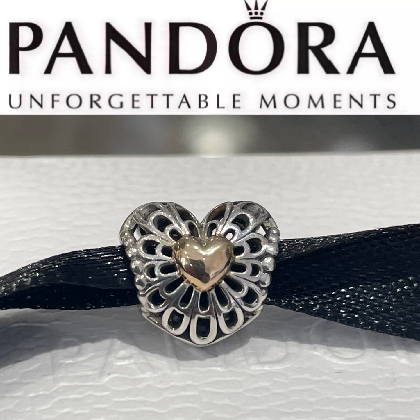 Retired Pandora Two Tone Vintage Heart Charm 925 & 14K Gold 791275