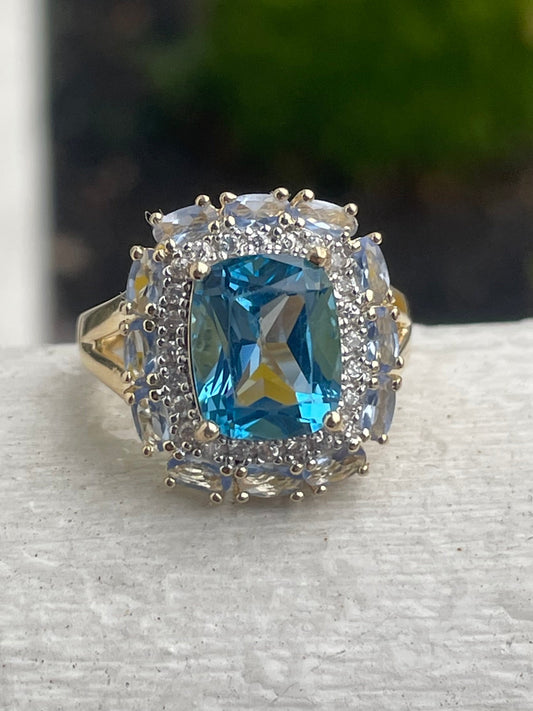 925 Sterling Silver Vermeil Natural Swiss Blue Topaz + Diamond & Tanzanite Cluster Ring Size 8