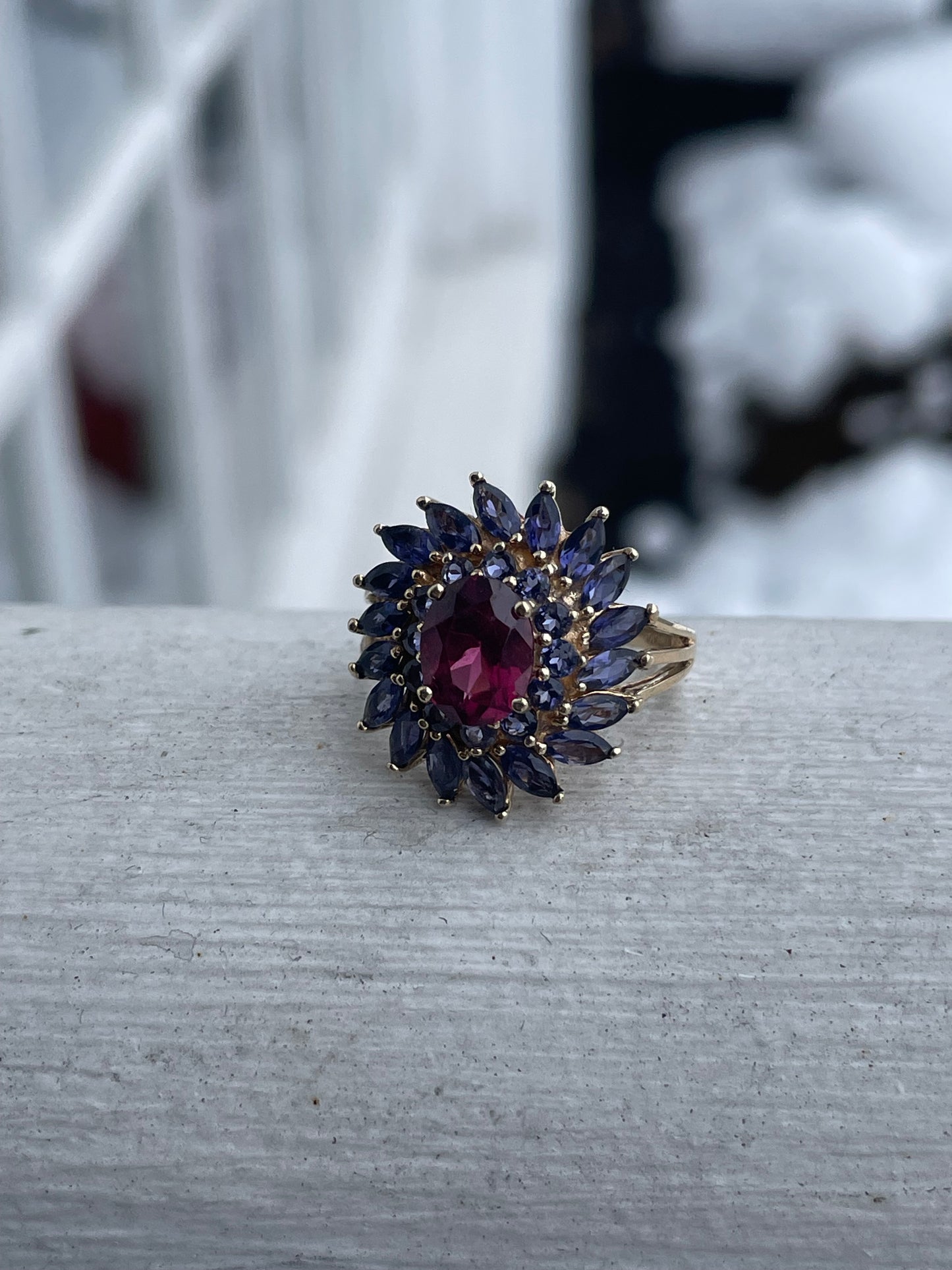 10k Gold Rhodolite Garnet & Iolite Wreath Cluster Ring Size 6
