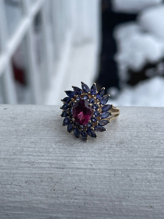 10k Gold Rhodolite Garnet & Iolite Wreath Cluster Ring Size 6
