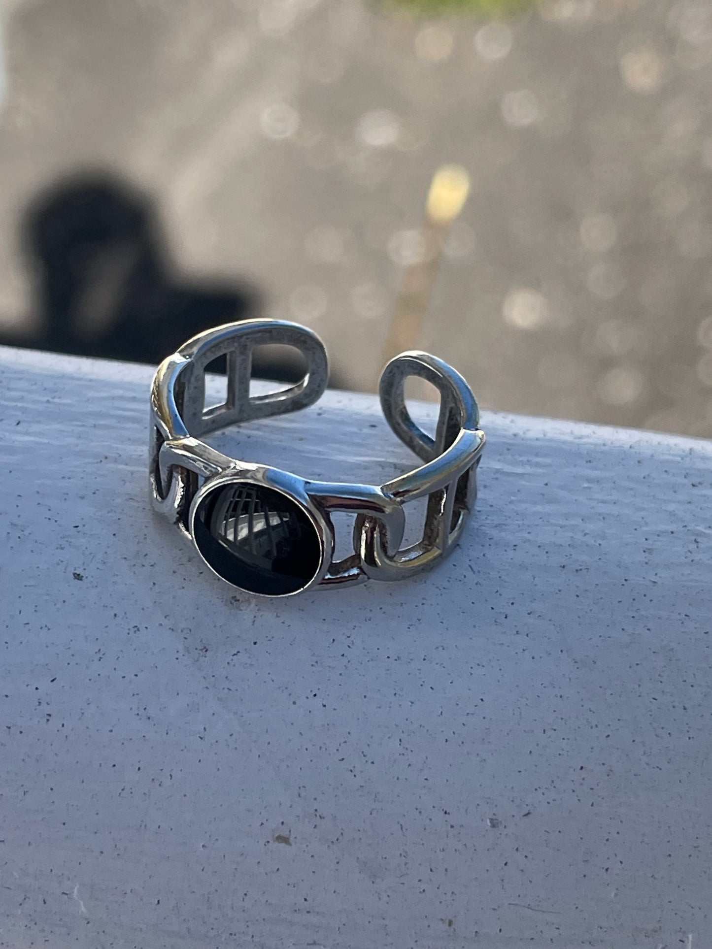 925 Sterling Silver Open Size Gucci Link Signet Black Onyx Ring