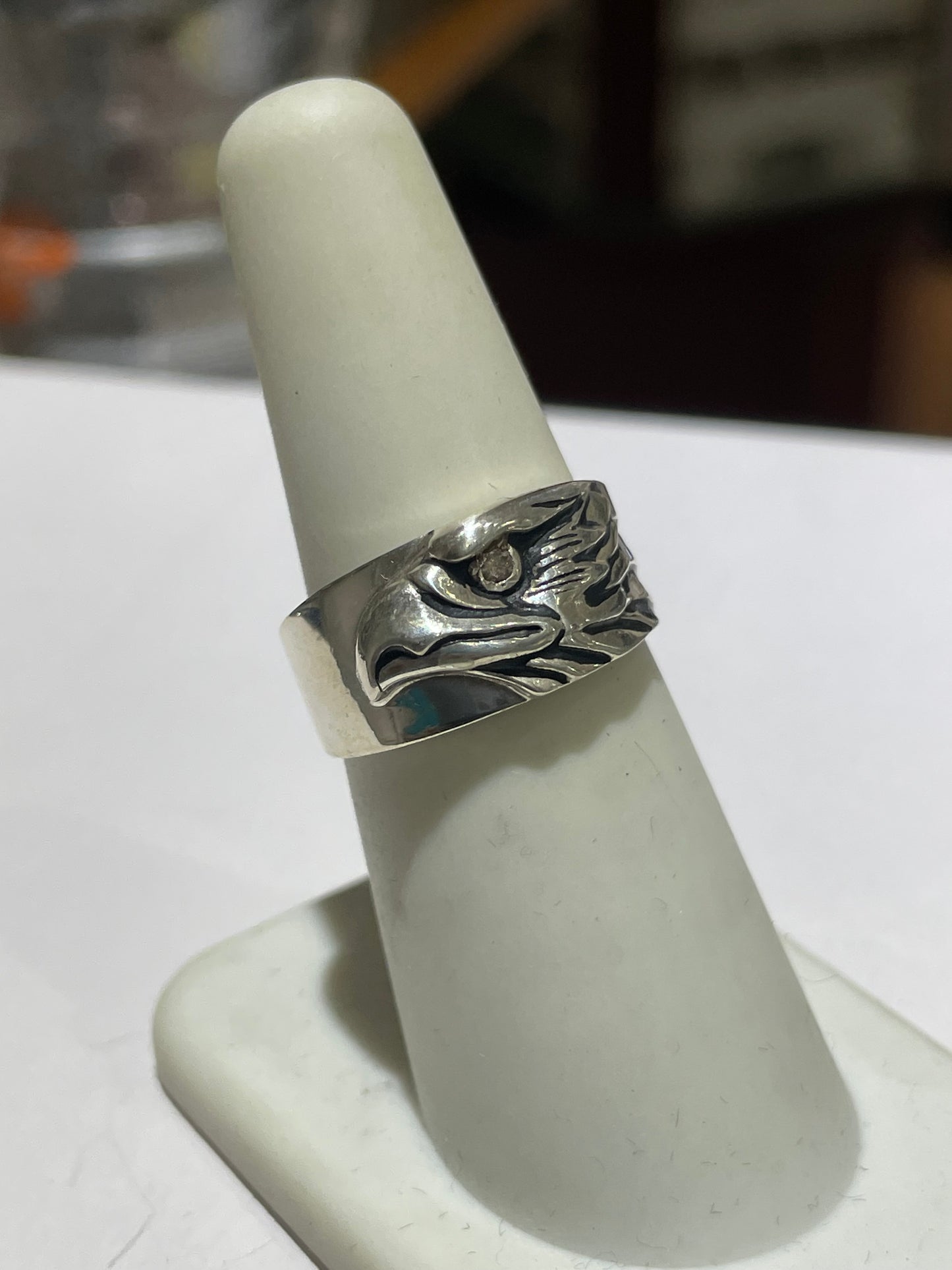 925 Sterling Silver Majestic Eagle Band Ring with Diamond Eye Size 6.5