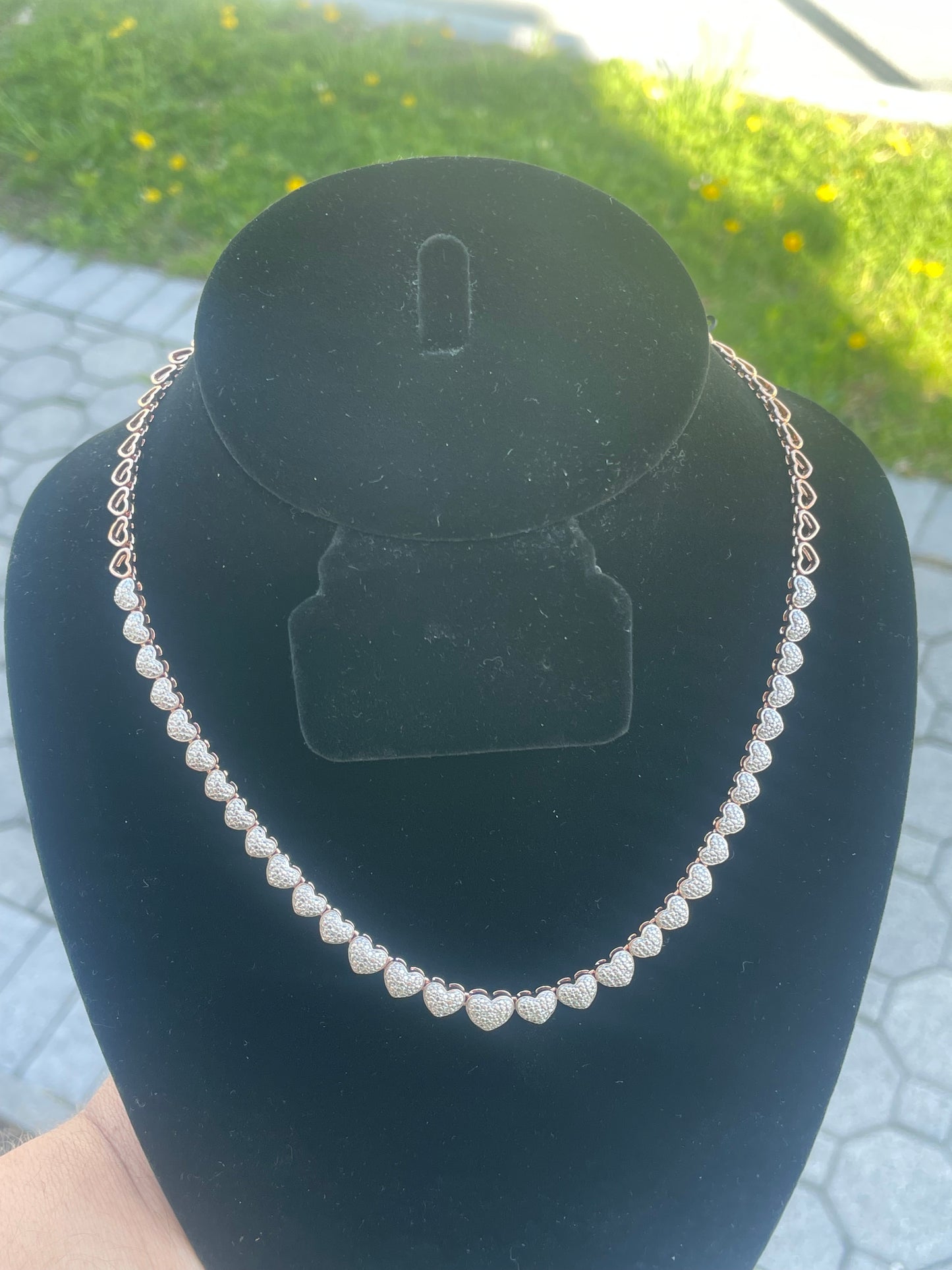 925 Sterling Silver Rose Vermeil Natural Diamond 0.20ct Heart Link Necklace 16”