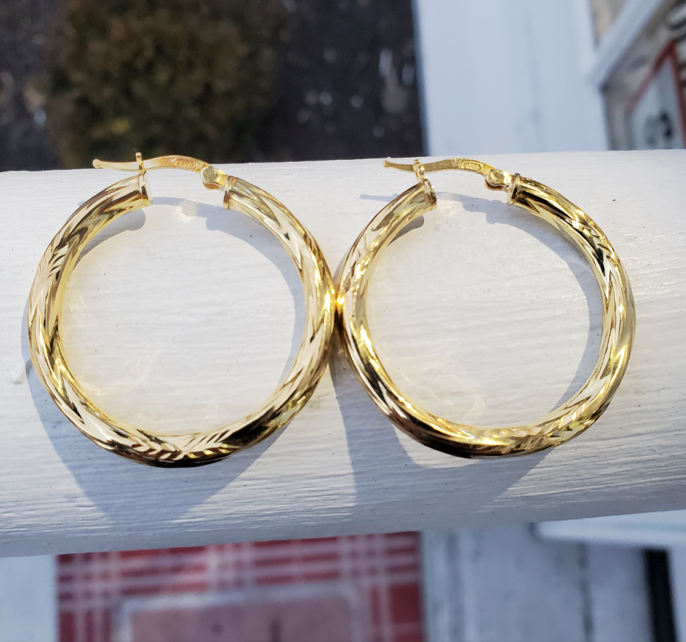 925 Sterling Silver Vermeil Diamond Cut Hoop Earrings