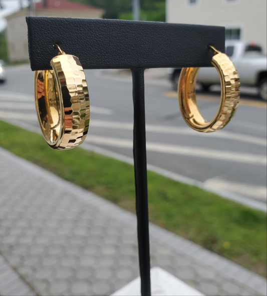 925 Sterling Silver Vermeil Thick Diamond Cut Hammered Design Hoops JCM Designer