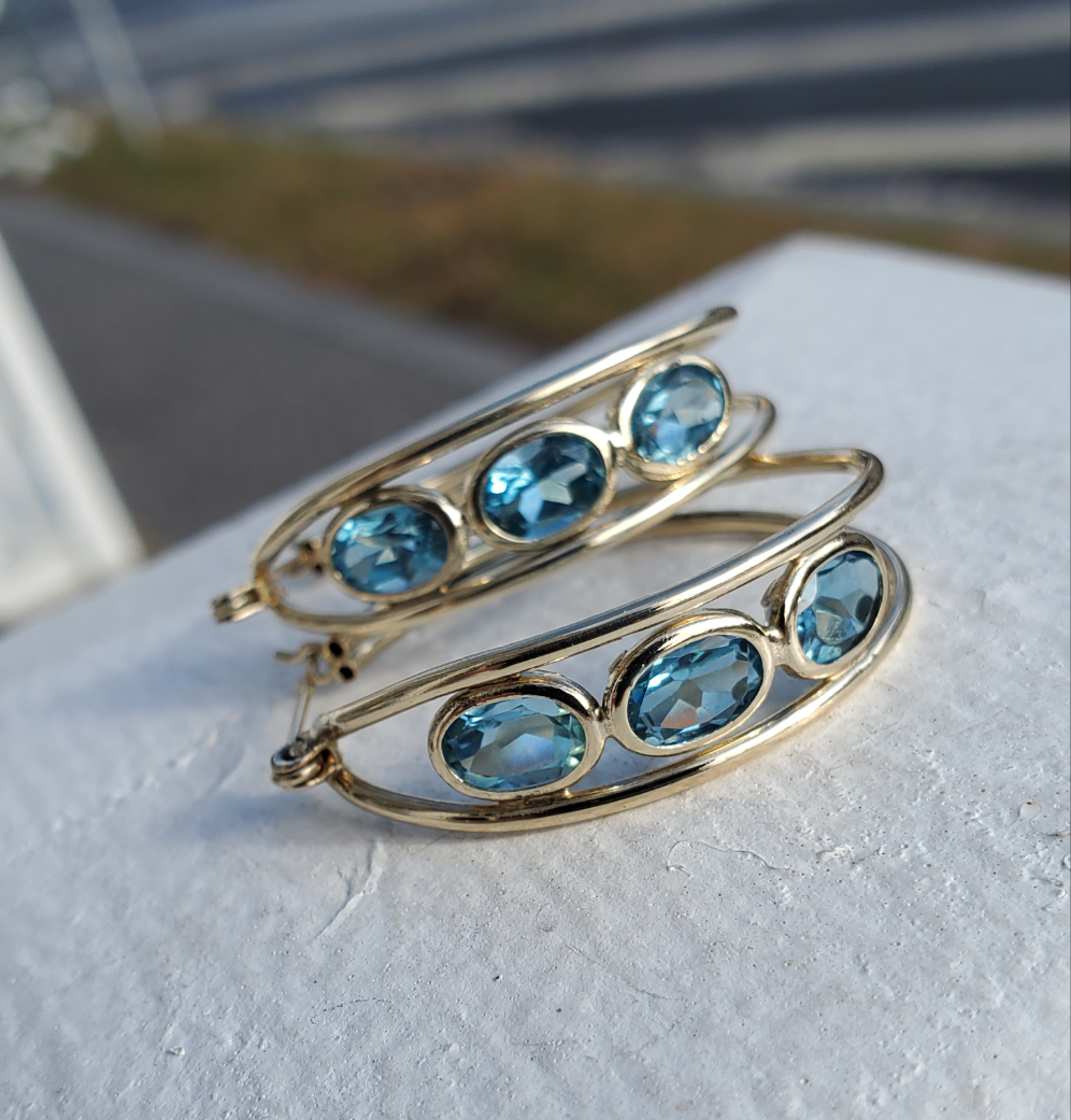 10k Solid Gold Blue Topaz Triple Row bezel set hoop earrings