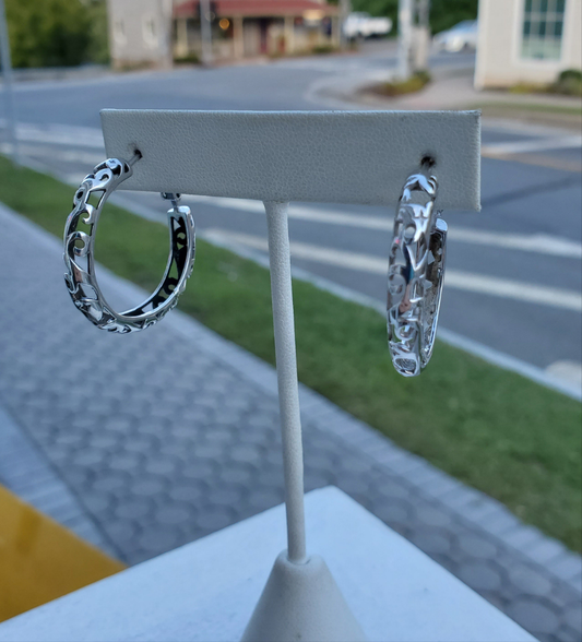 925 Sterling Silver Filagre Hoop Earrings Omega back closure