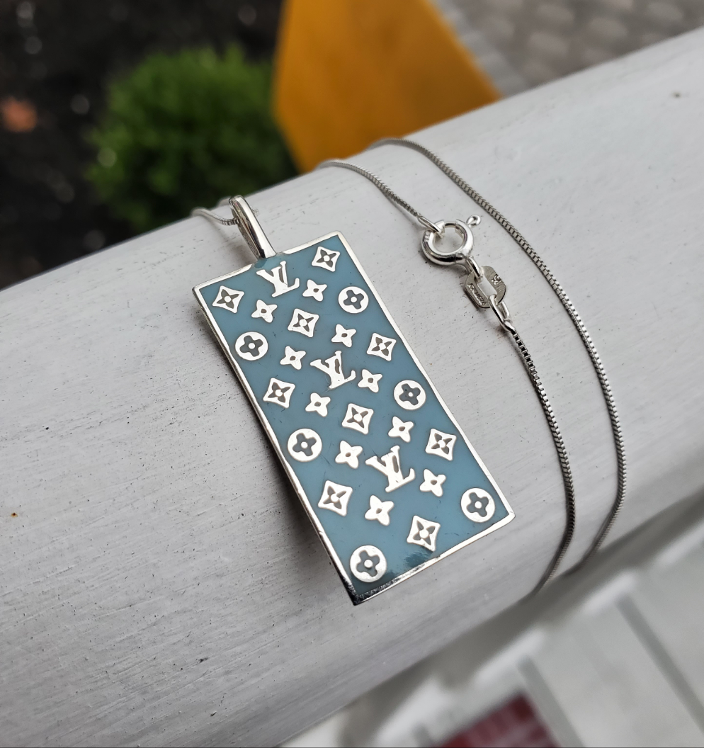 925 Sterling Silver LV Logo Sky Blue Rectangular Necklace