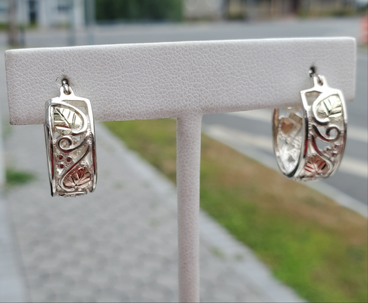 925 Sterling Silver & 12k Black Hills Gold Leaf Filagre Hoop Earrings