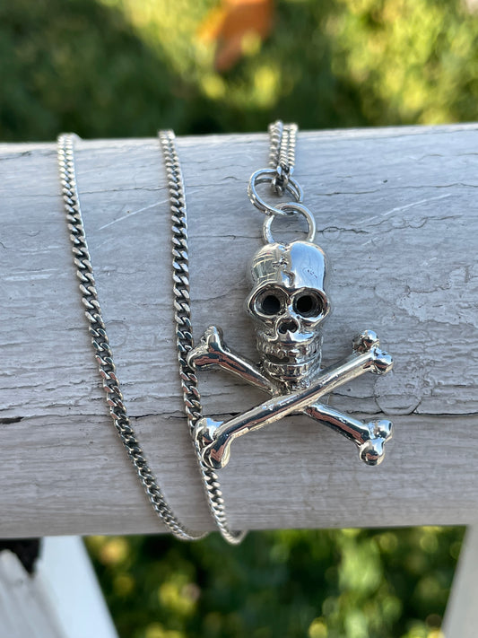 925 Sterling Silver Skull & Crossbones Pirate Symbol Necklace 24”