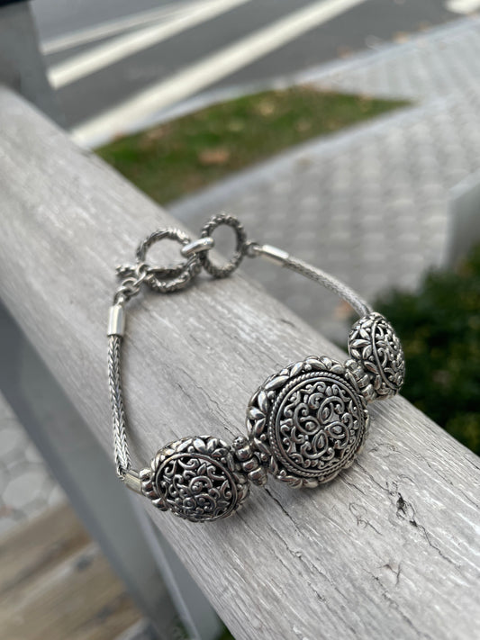 925 Sterling Silver Western Filigree Tripoli Wheaton Bracelet w/ Toggle Lock.