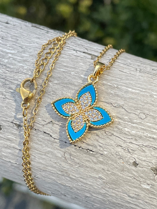 Stainless Steel Vermeil Blue Flower Cz Necklace