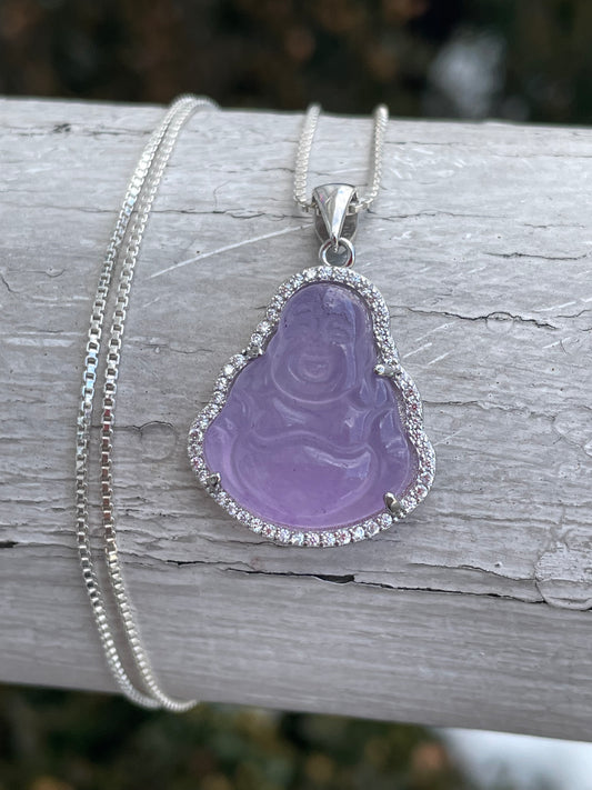 925 Sterling Silver Lavender Jade Buddha Necklace