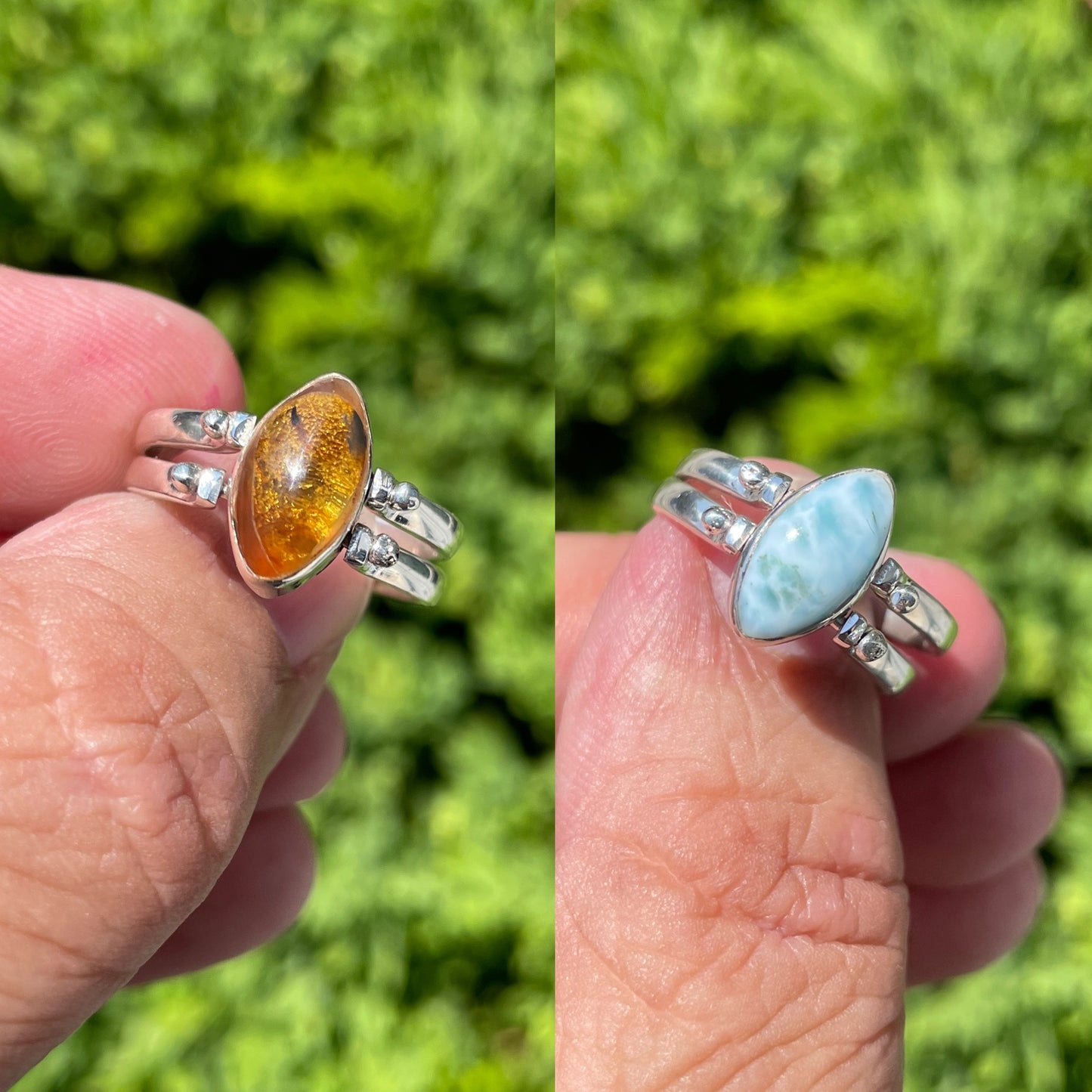 925 Sterling Silver Reversible Flip Ring Larimar or Amber Marquis Stone Ring