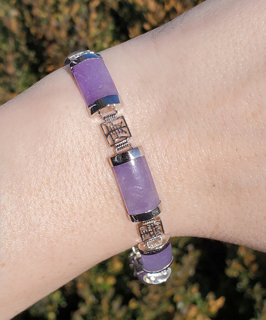 925 Sterling Silver Lavender Jade Chinese Proverbs Bracelet