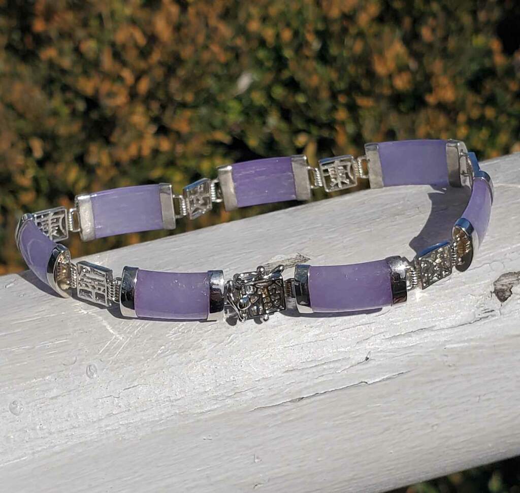 925 Sterling Silver Lavender Jade Chinese Proverbs Bracelet