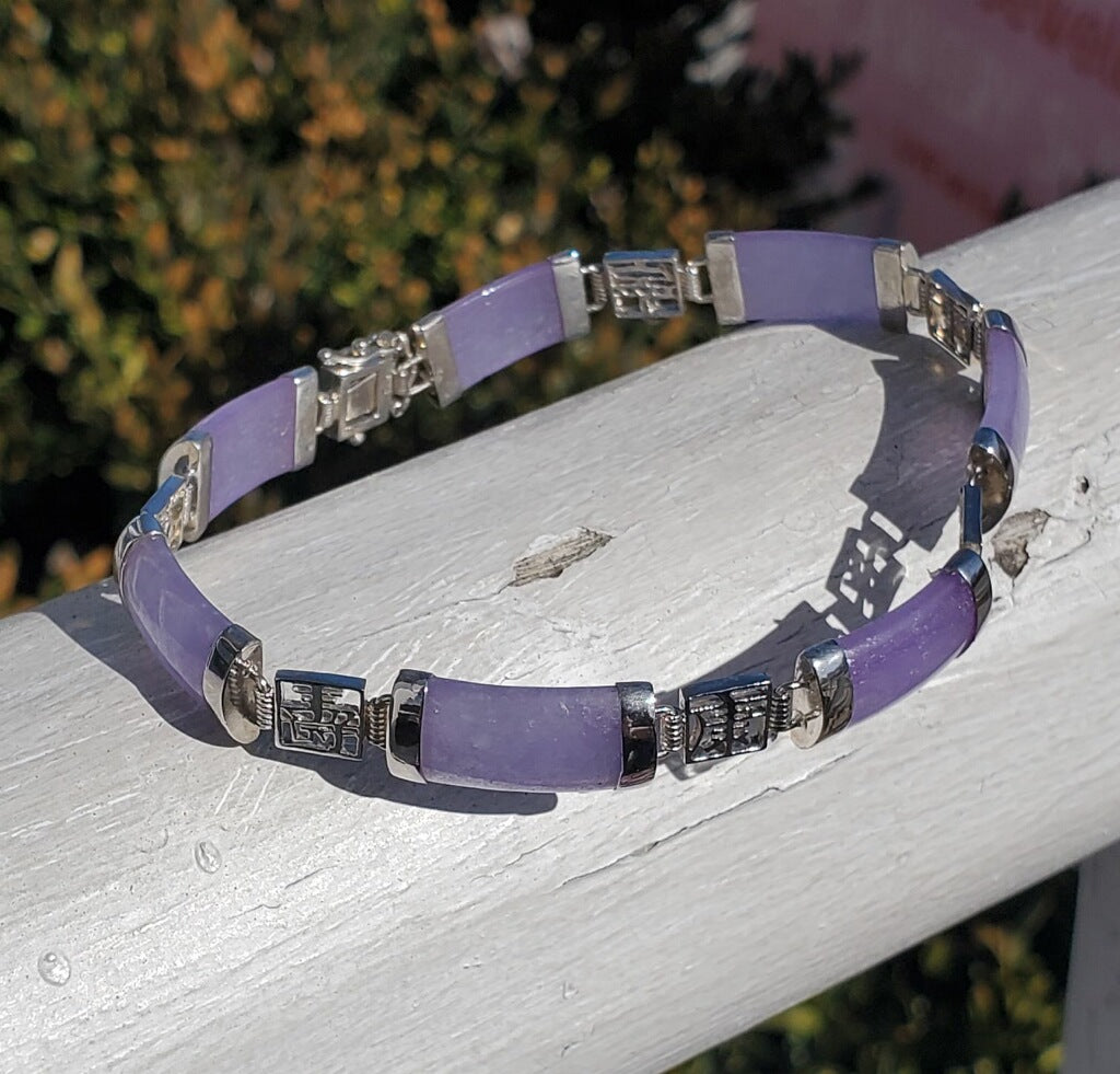 925 Sterling Silver Lavender Jade Chinese Proverbs Bracelet