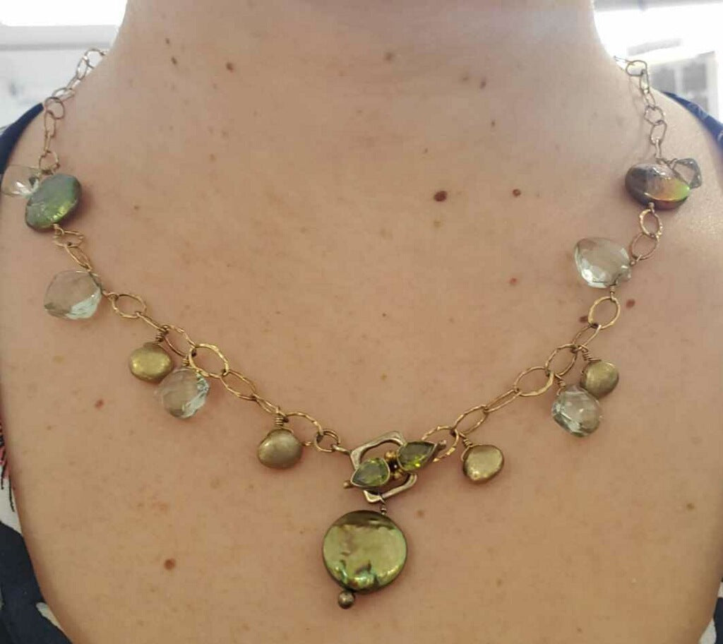 925 Sterling Silver Vermeil Abalone, Peridot & Green Amethyst Link Necklace