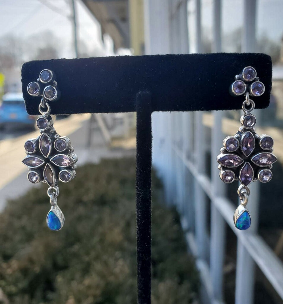 925 Sterling Silver Amethyst & Blue Opal Chandelier Earrings