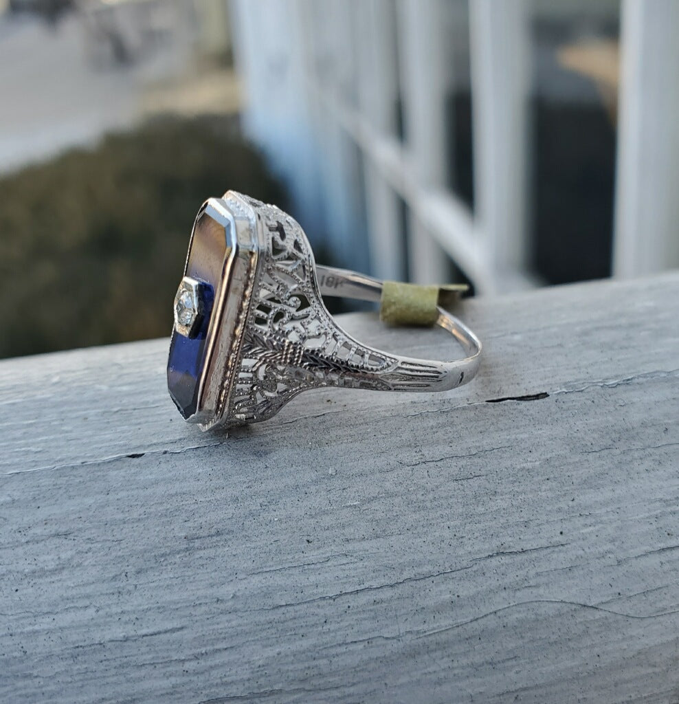 18k White Gold Antique Sapphire & Diamond Art Deco Ring