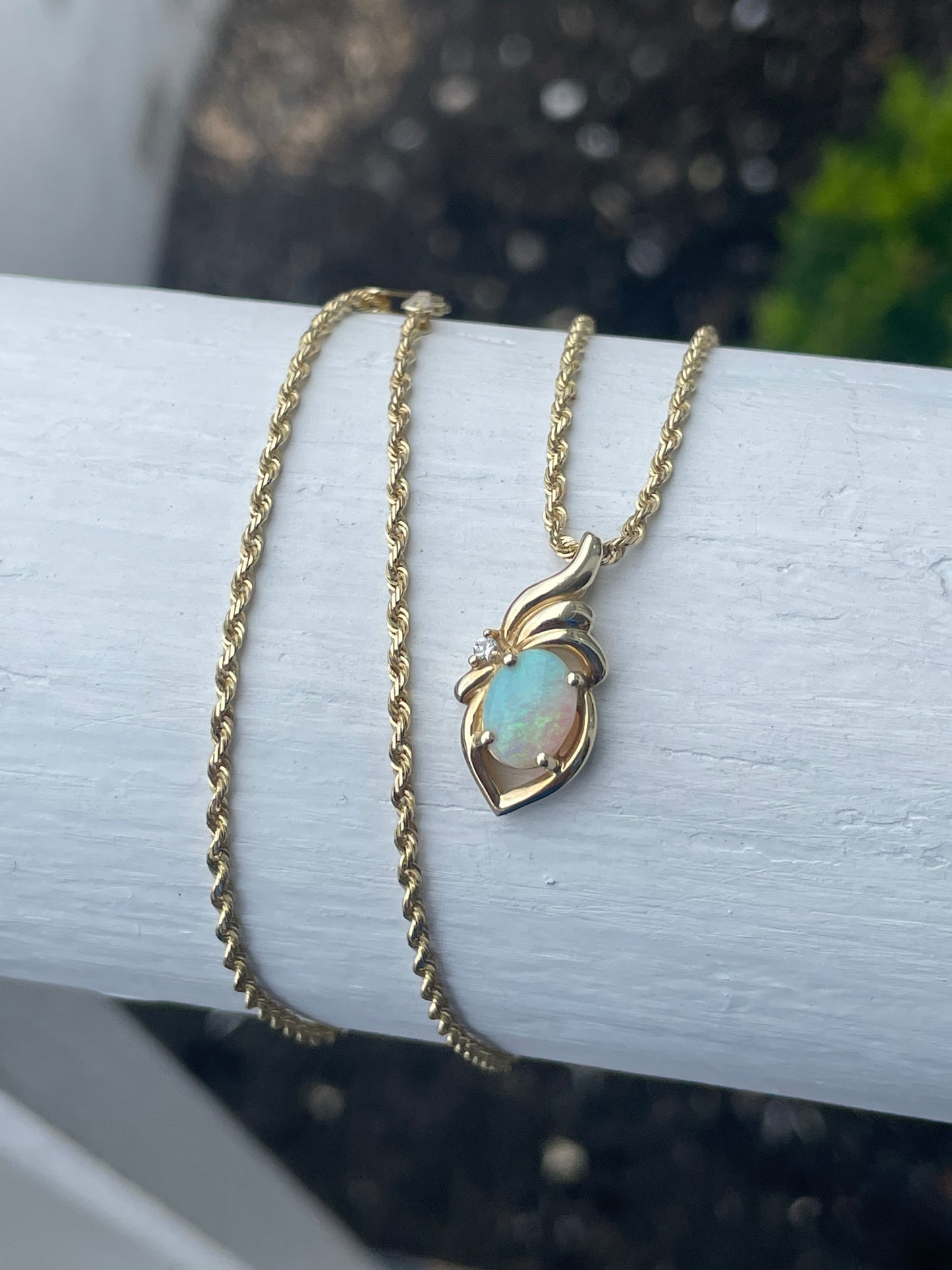 14k Gold Oval Opal & Diamond Necklace