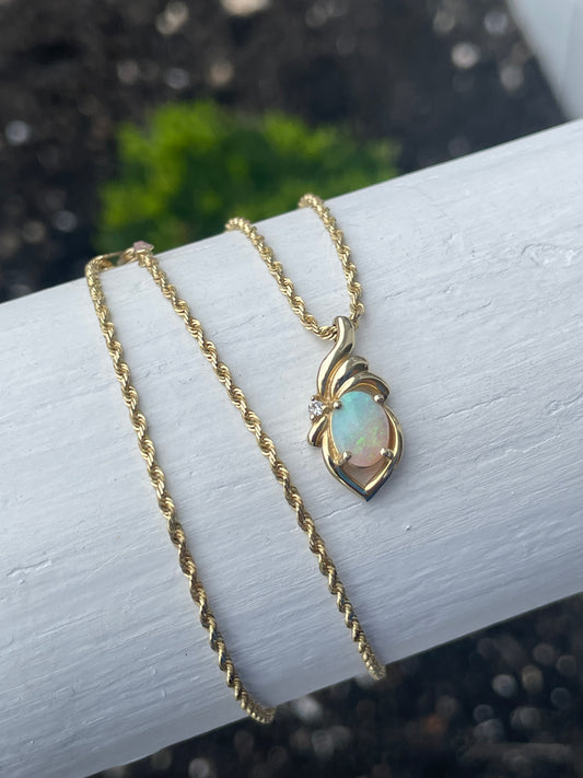 14k Gold Oval Opal & Diamond Necklace