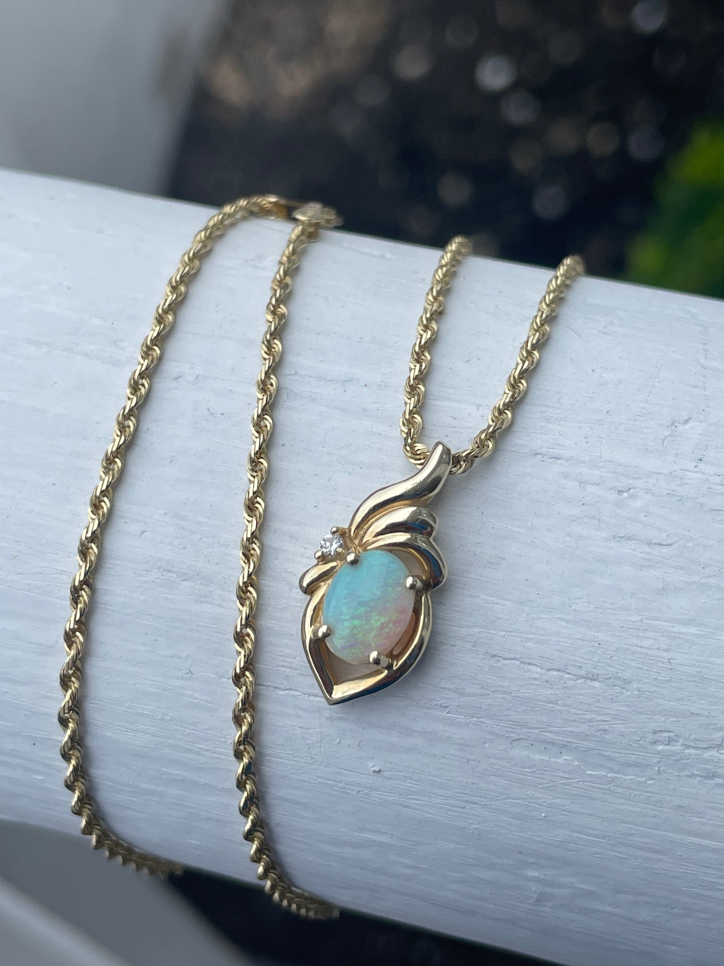 14k Gold Oval Opal & Diamond Necklace