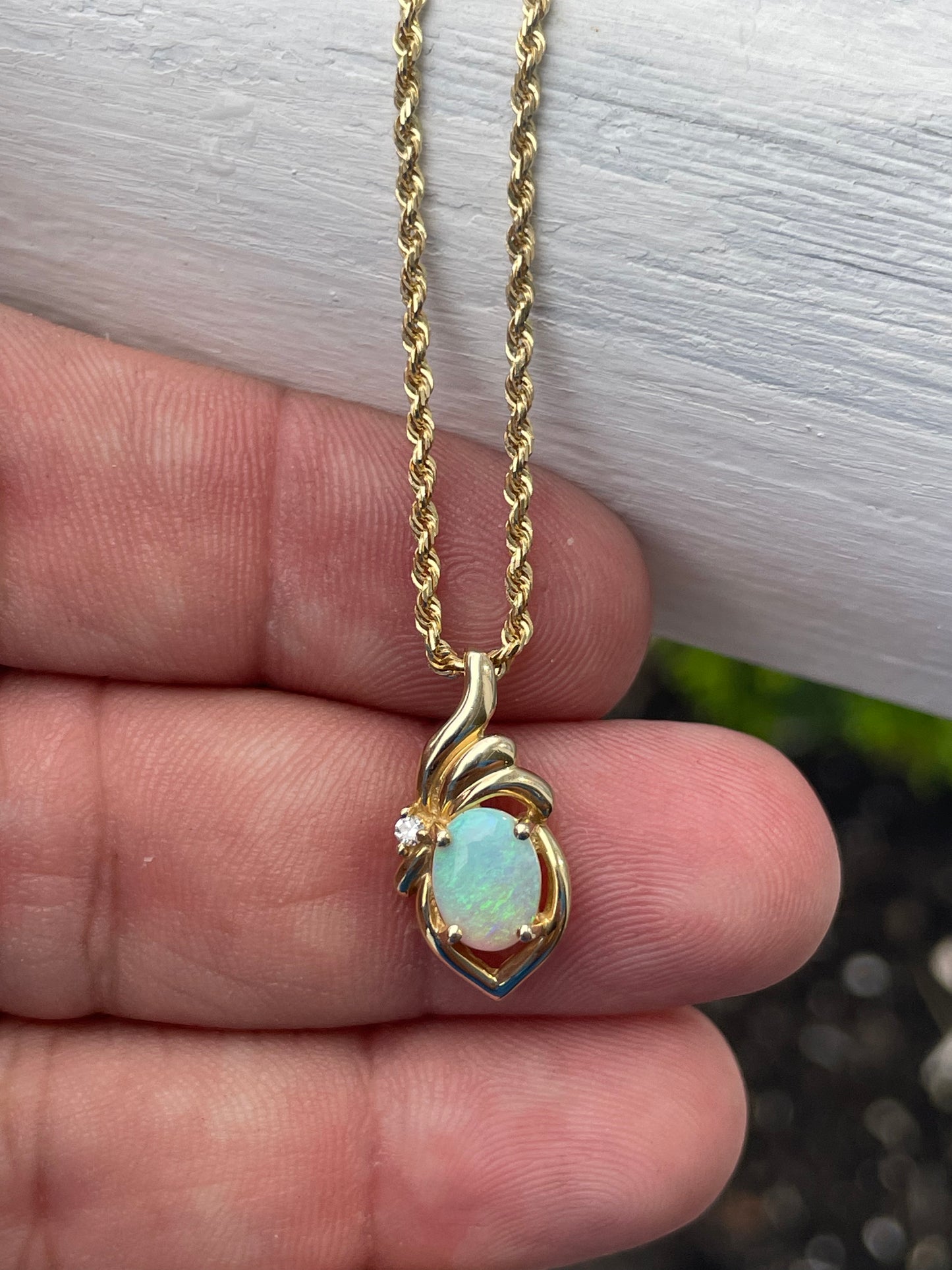 14k Gold Oval Opal & Diamond Necklace