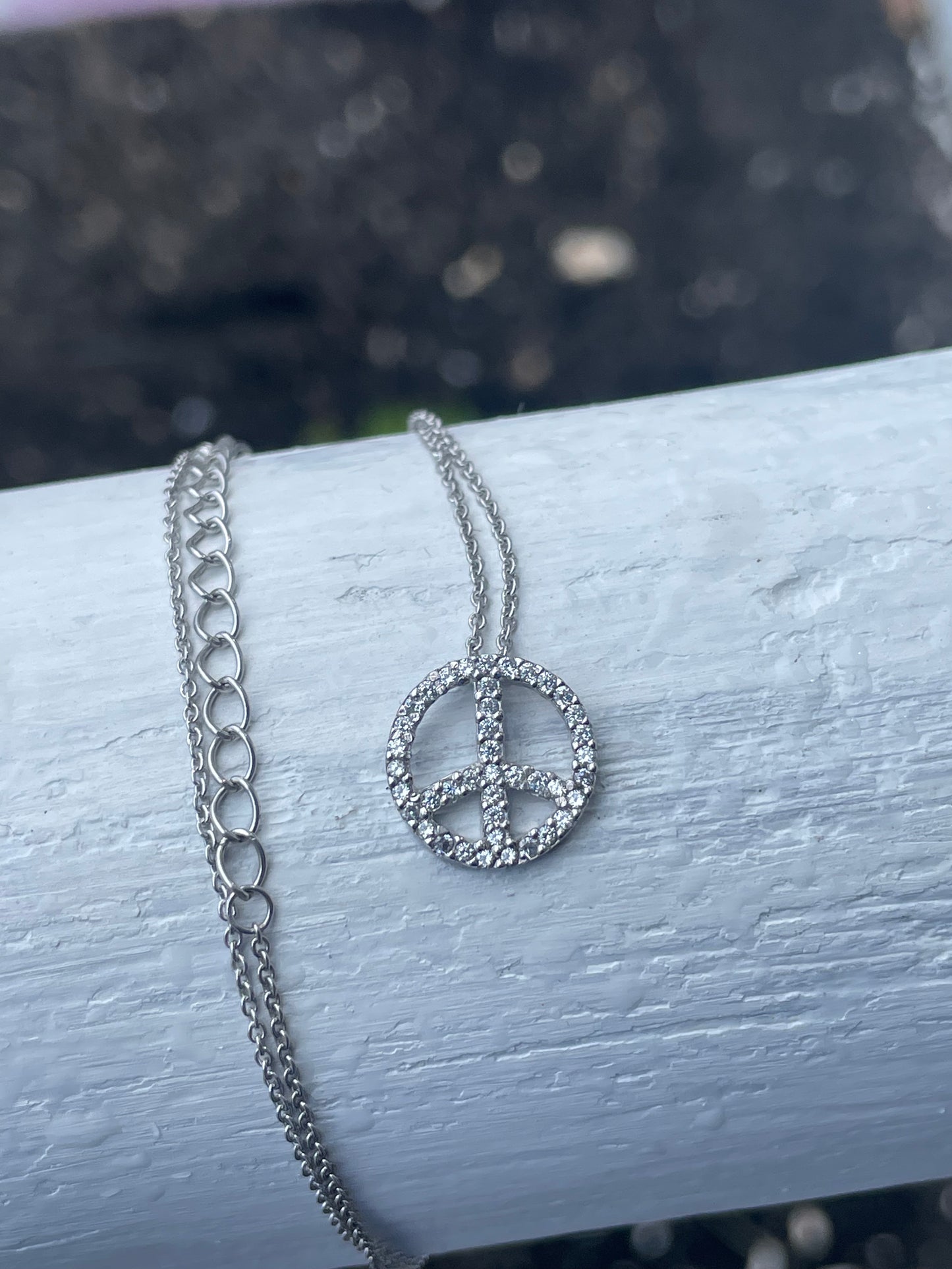 925 Sterling Silver Sparkling Peace Sign Necklace