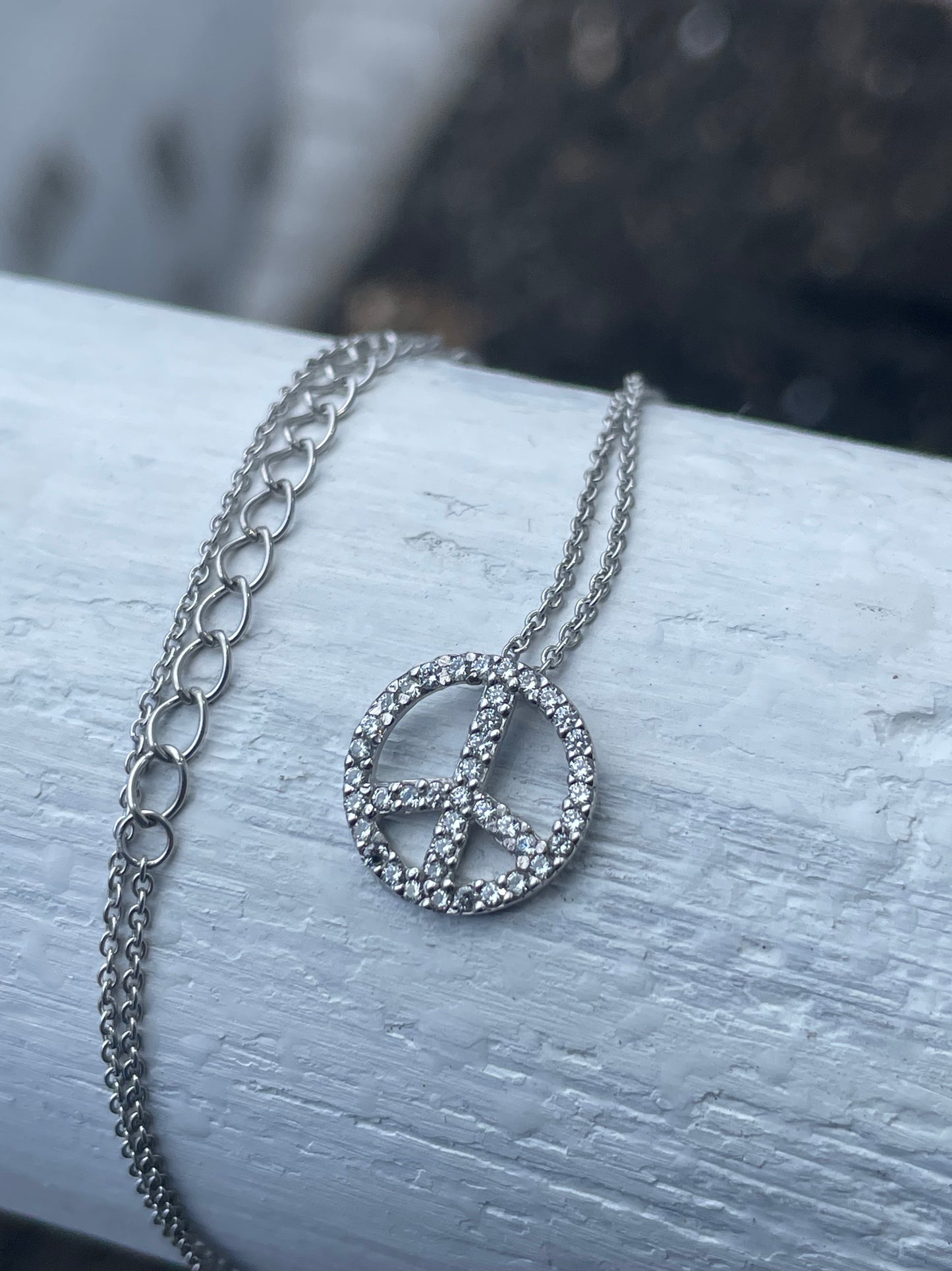 925 Sterling Silver Sparkling Peace Sign Necklace