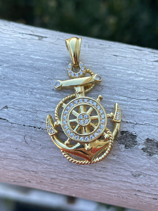 925 Sterling Silver Vermeil Cz Anchor Charm Pendant