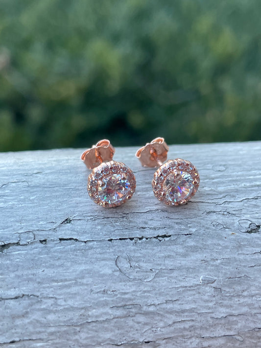 925 Sterling Silver Rose Vermeil Cz Stud Earrings