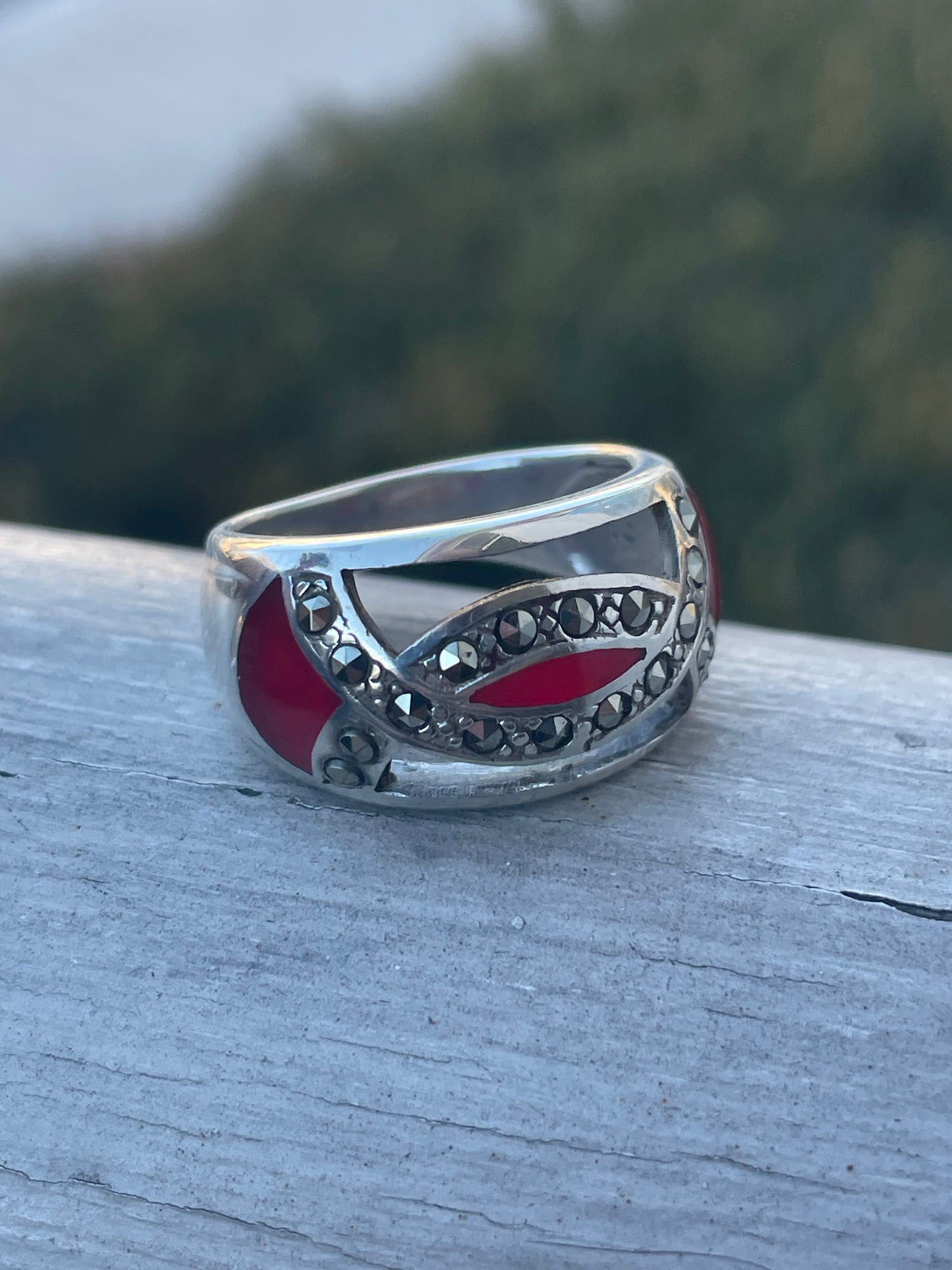 925 Sterling Silver Red Coral & Marcasite Openwork Band Ring
