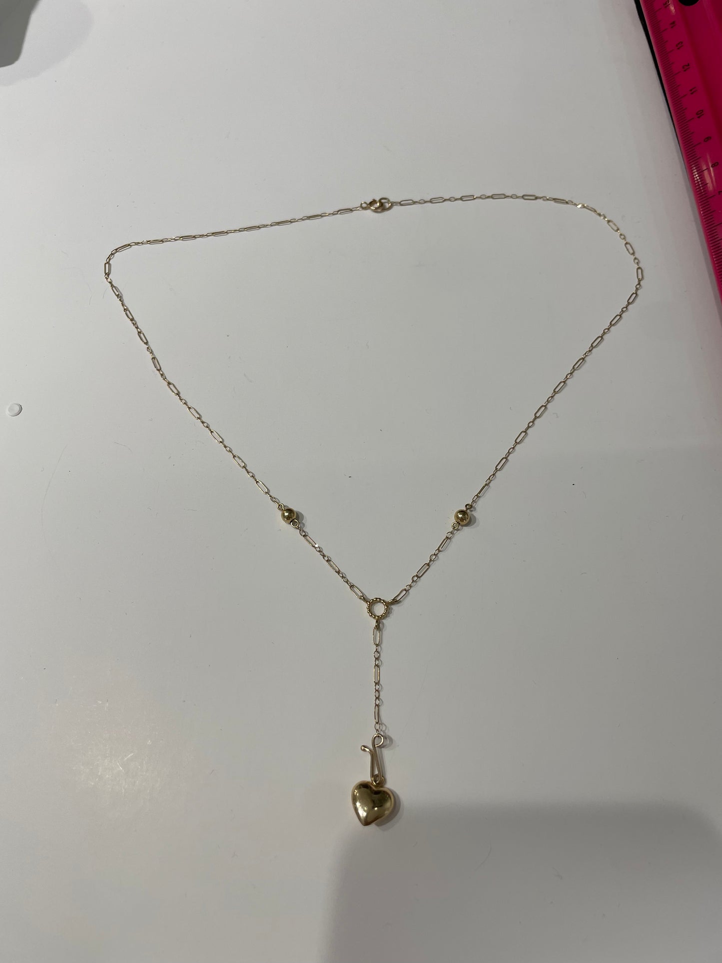 14k Gold Beaded Puff Heart Plunge Drop Necklace