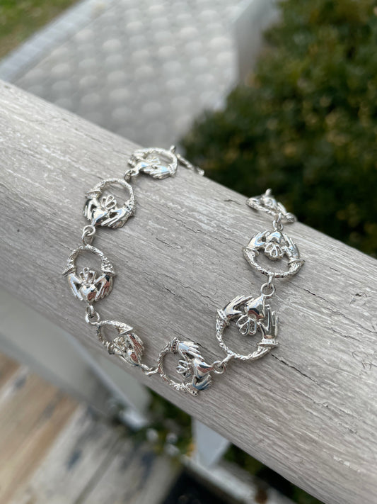 925 Sterling Silver Irish Claddagh Bracelet 7”